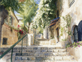 Watercolor-style painting of a sunlit stone staircase between old buildings with flowering trees, green railings, and warm beige walls.