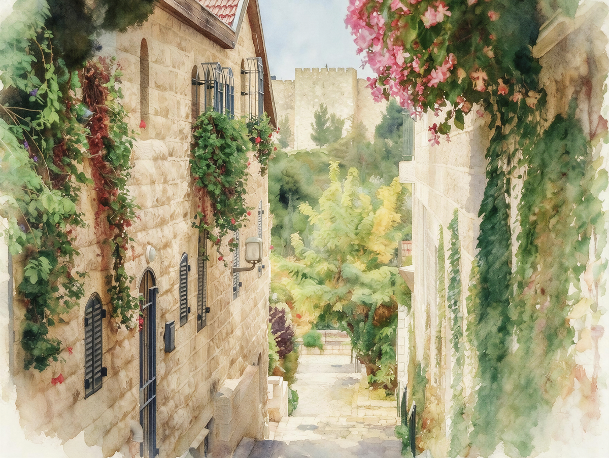 Watercolor painting of a narrow stone alleyway between historic buildings, with green vines, pink flowers, and a distant castle or tower in the background.